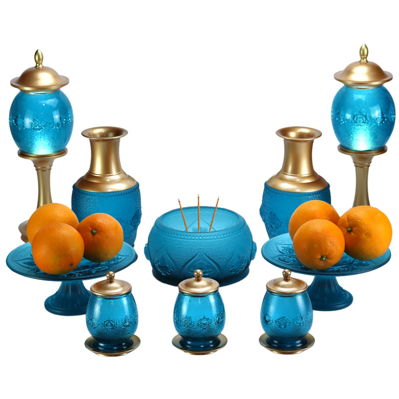 Royal Blue Delapan Simbol Keberuntungan Persembahan Kaca Kristal Altar Buddha
