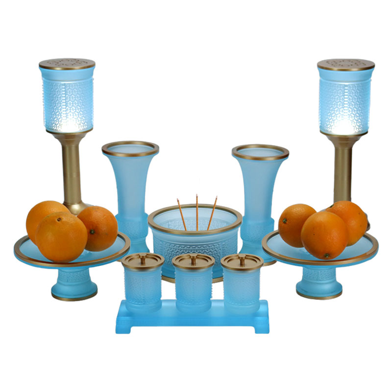 Set persembahan altar Buddha kaca seri Ruyi biru muda