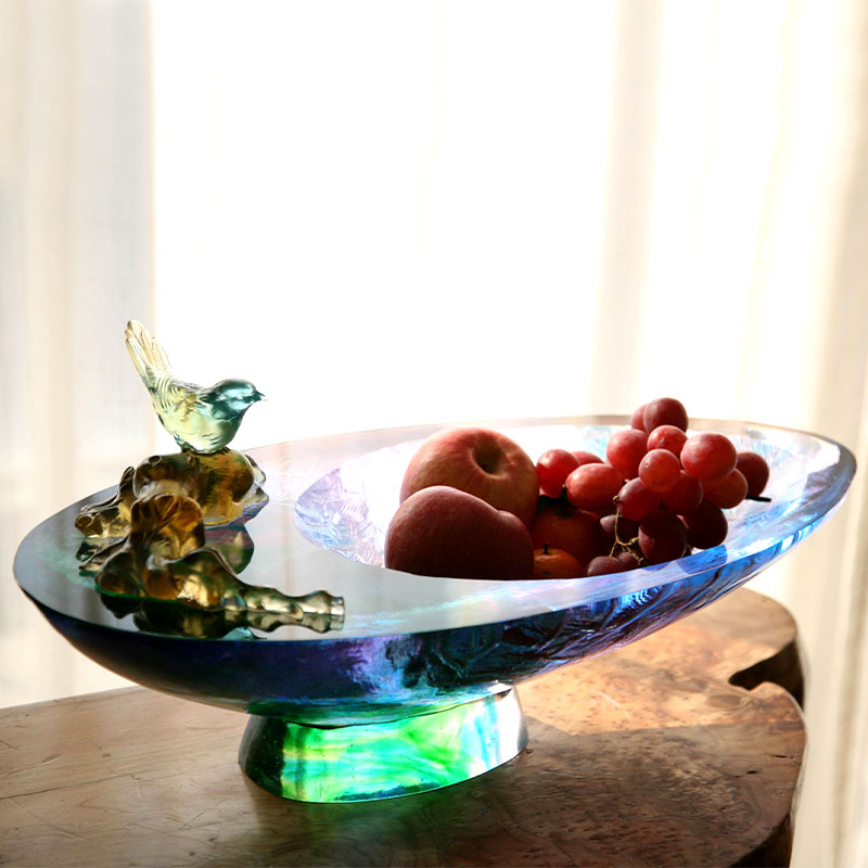 Mangkuk buah kaca kristal dengan hiasan burung