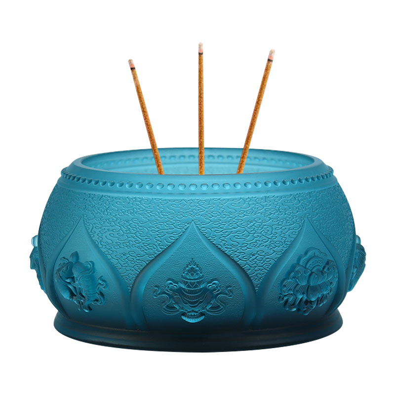 Royal Blue Delapan Simbol Keberuntungan Persembahan Kaca Kristal Altar Buddha