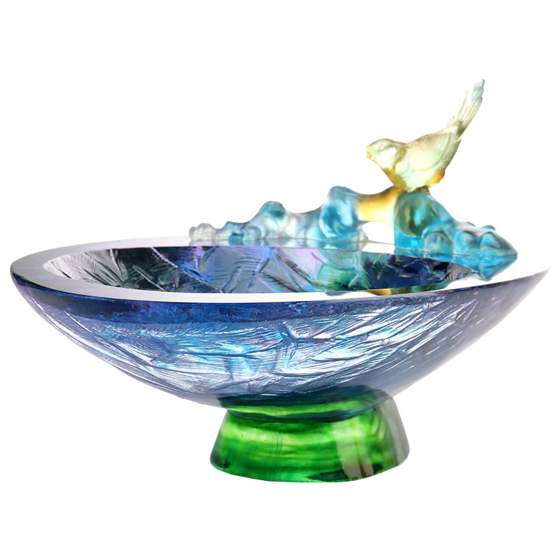 Mangkuk buah kaca kristal dengan hiasan burung