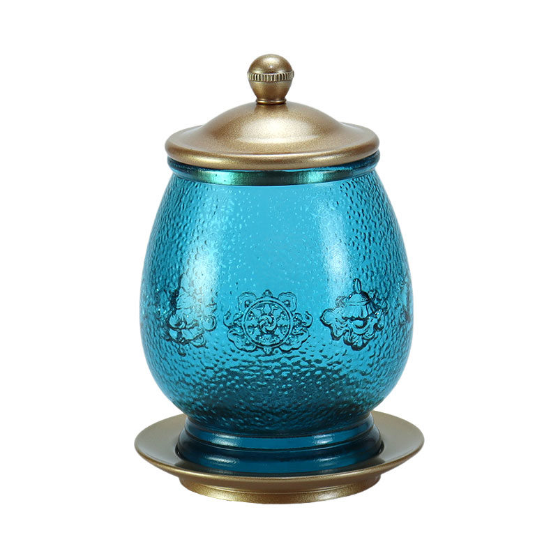 Royal Blue Delapan Simbol Keberuntungan Persembahan Kaca Kristal Altar Buddha