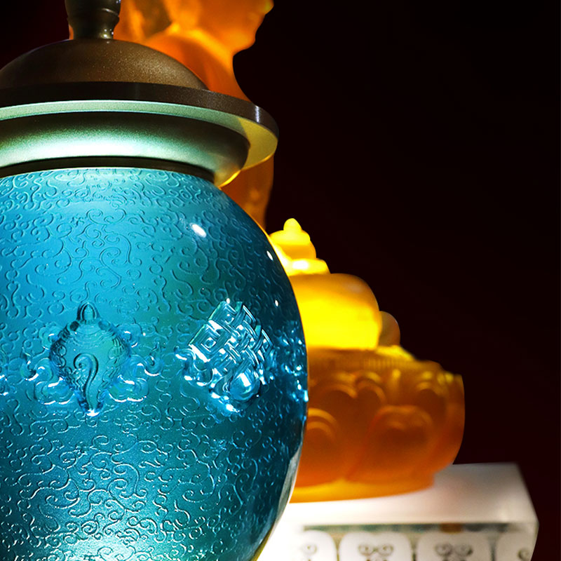 Royal Blue Delapan Simbol Keberuntungan Persembahan Kaca Kristal Altar Buddha