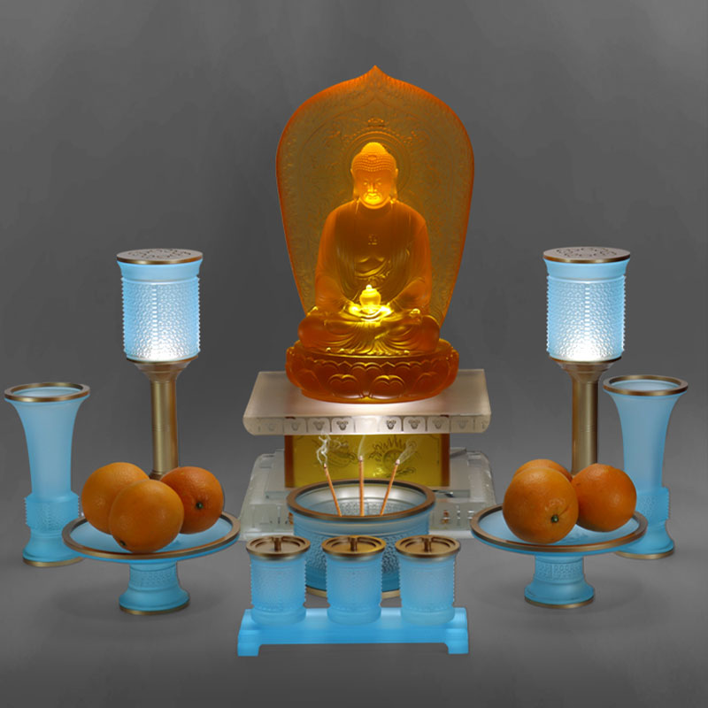 Set persembahan altar Buddha kaca seri Ruyi biru muda