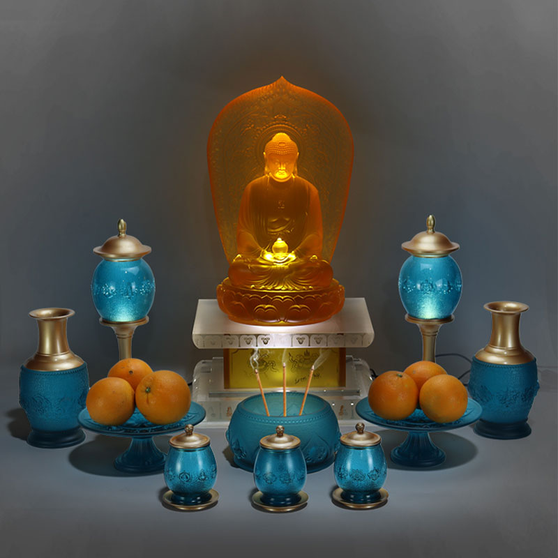 Royal Blue Delapan Simbol Keberuntungan Persembahan Kaca Kristal Altar Buddha